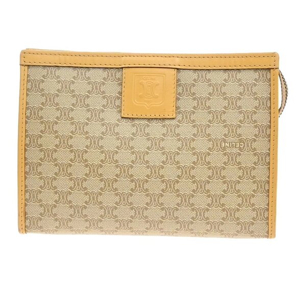 CELINE Logo Macadam Pattern Clutch Pouch Bag PVC Leather Brown GHW Iatly 09EF511 - Picture 1 of 16